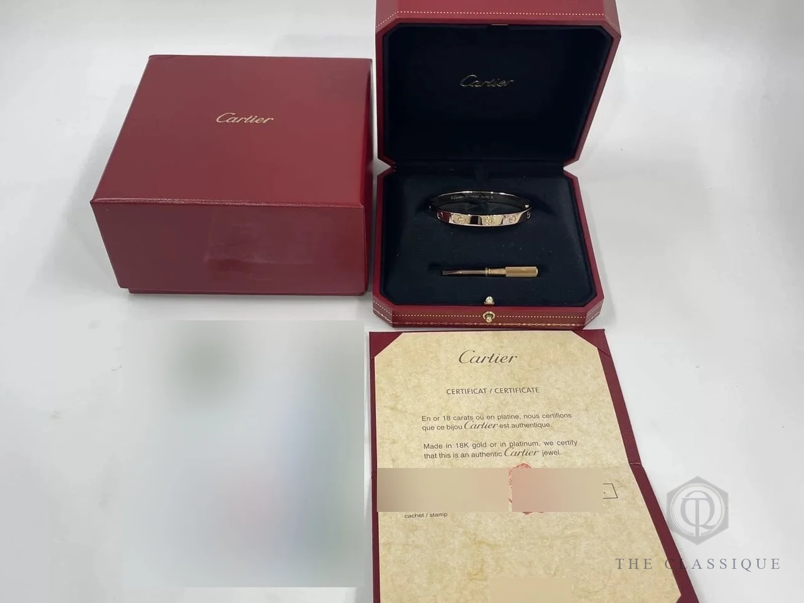 Vòng Cartier Love vàng hồng trong hộp đỏ kèm tua vít, hộp ngoài và sổ chứng nhận Cartier