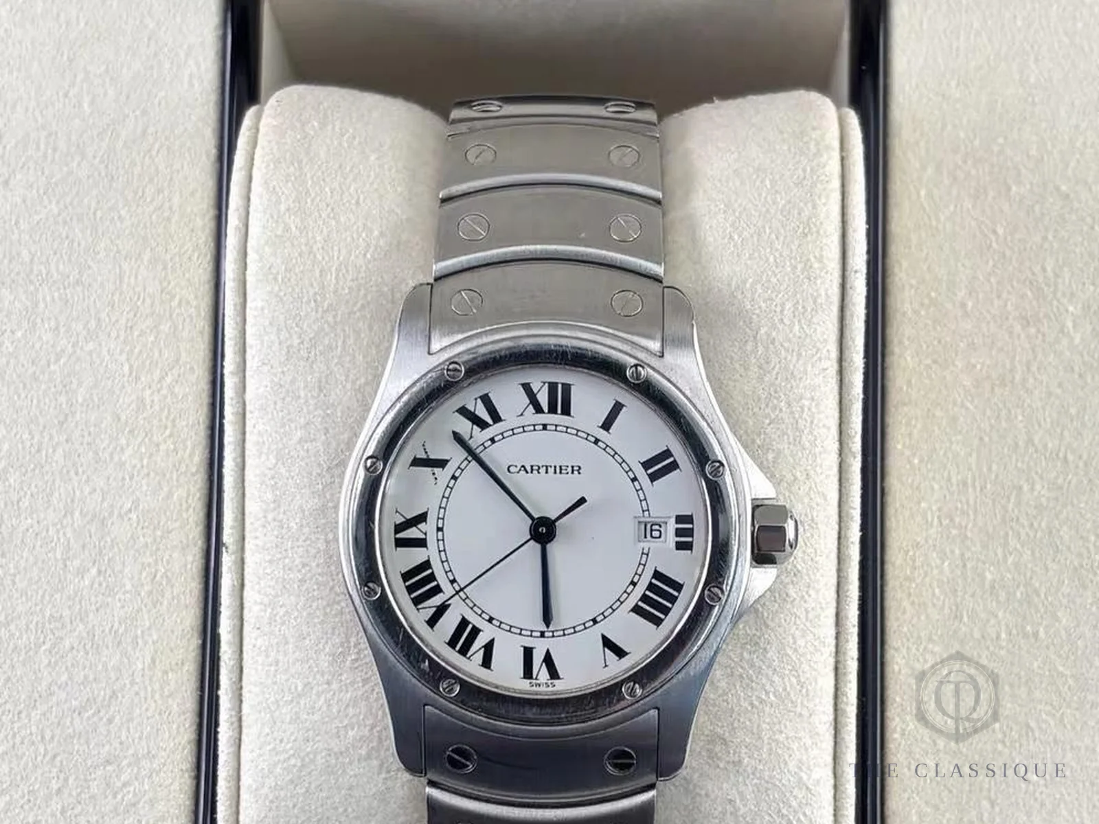 Cartier Santos nguyên bản vỏ thép, viền ốc vít lộ trên bezel, chưa gắn thêm kim cương