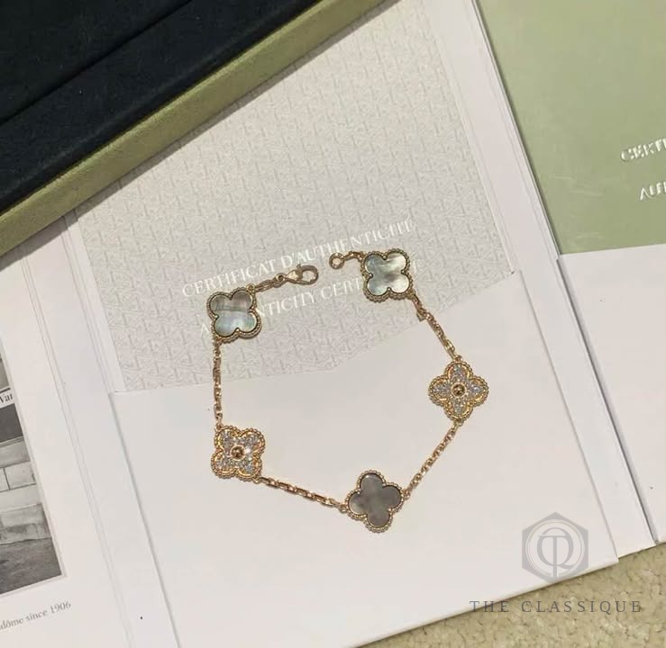 Vòng tay VCA Vintage Alhambra 5 Motif MOP Xám Mix Diamond