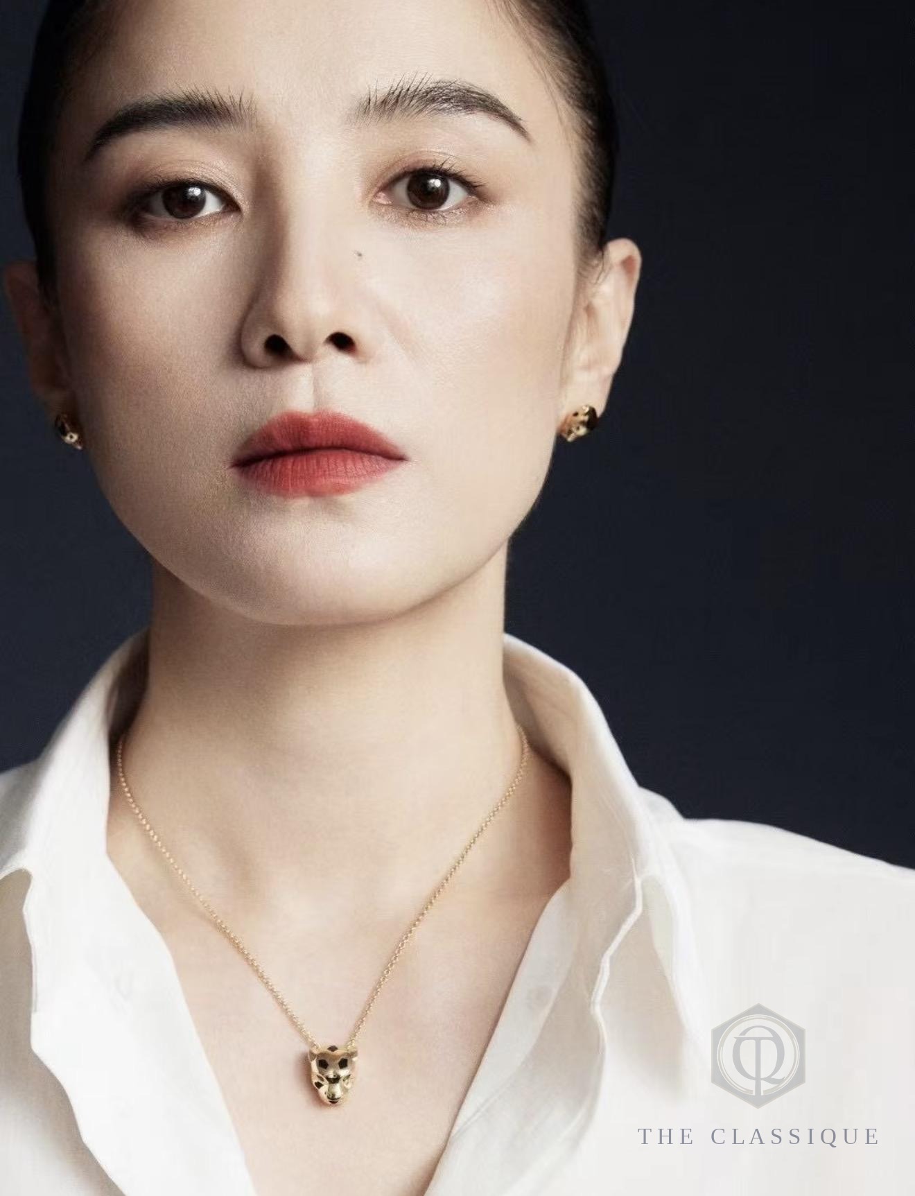 Vòng cổ Cartier đầu báo vàng vàng 18K phối gốm vân báo