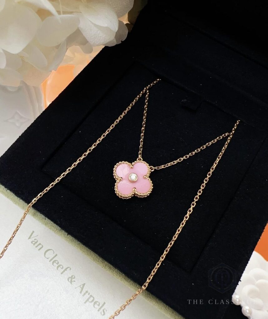 Dây chuyền VCA Vintage Alhambra Limited 2015 18K Rose Gold Pink Porcelain Diamond