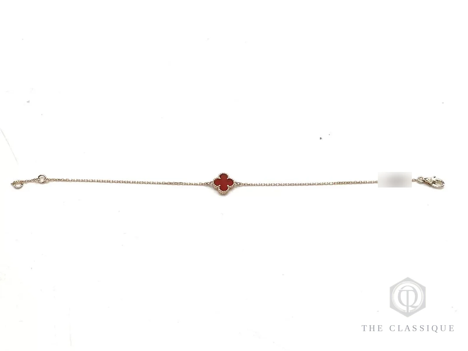Vòng Van Cleef cỏ 4 lá bản Sweet Alhambra một lá đá carnelian đỏ cam trên dây vàng mảnh